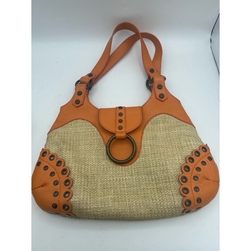 TANNER Made In Italy 14" Long Woven Straw, Leather, Eyelets, Orange Purse